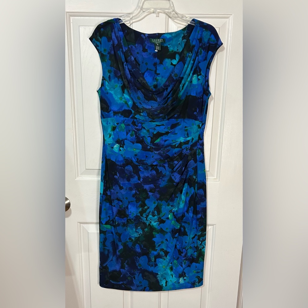 Lauren Ralph Lauren Womens Sheath Dress Lined Ruched Sides Floral Stretchy Sz12